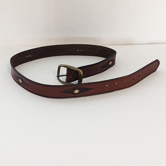 Western Leather Belt Diamond Pattern Geometric‎ Bronze Tone Hardware Vintage